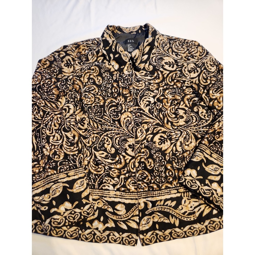 RQT Women Black Tan Paisley Scroll Print Linen Blend Full Zip Jacket Size 16